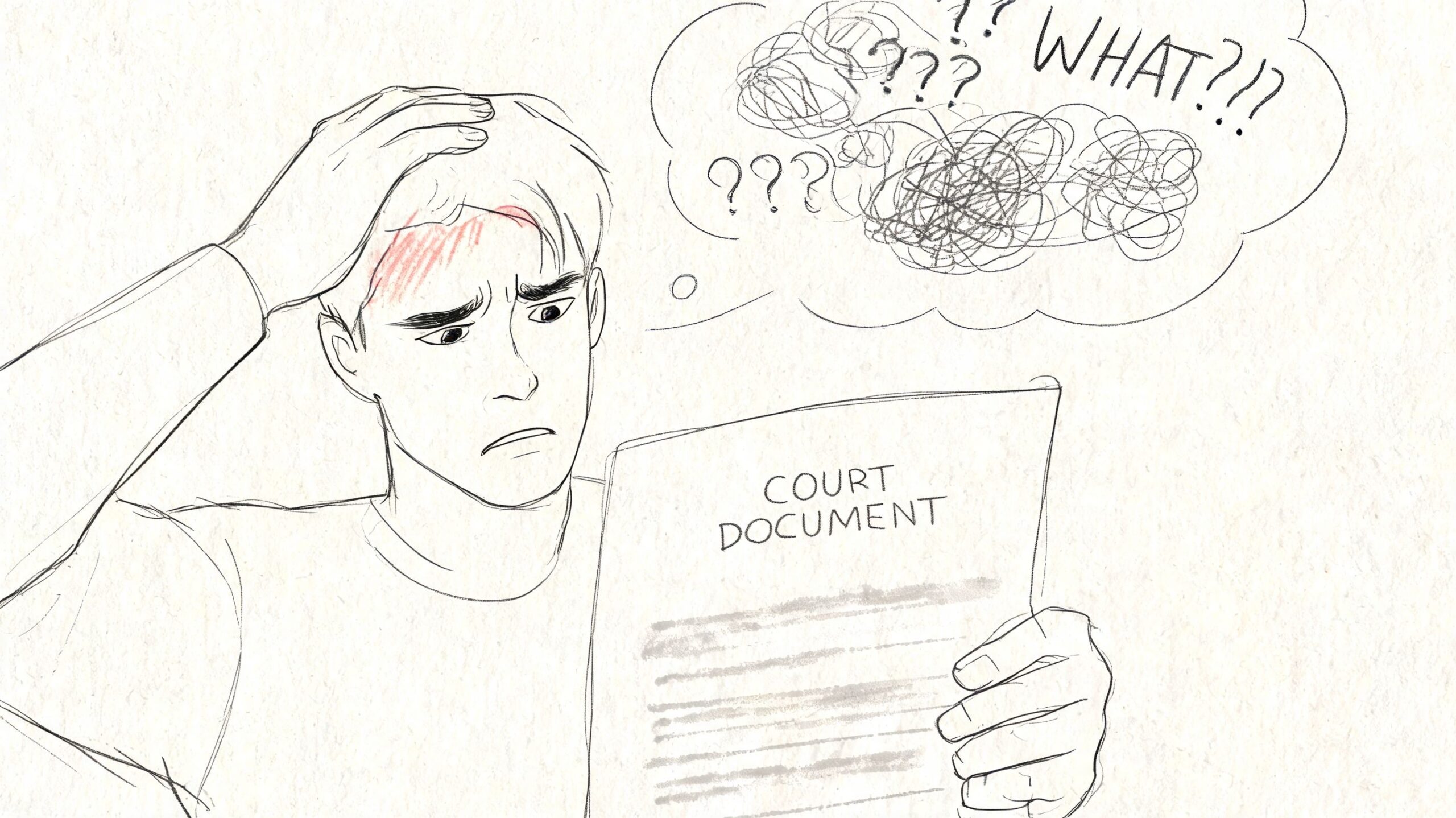 A confused person holding a court document with question marks and scribbles floating above their head.