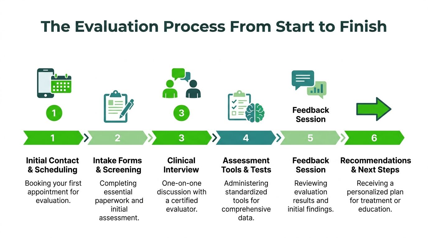 A six-step infographic illustrating the professional evaluation process for treatment, covering intake, assessment, and final recommendations.