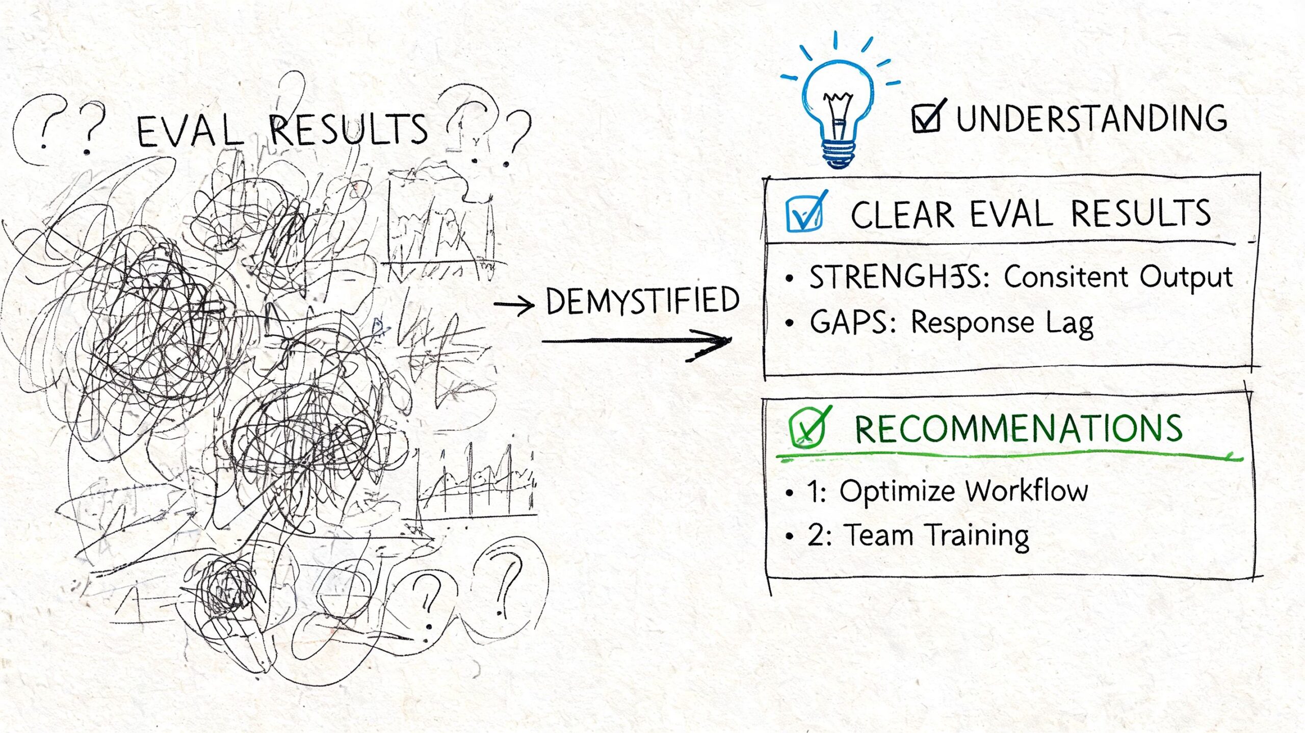 A diagram illustrating the transformation of confusing evaluation data into clear, actionable results and recommendations.