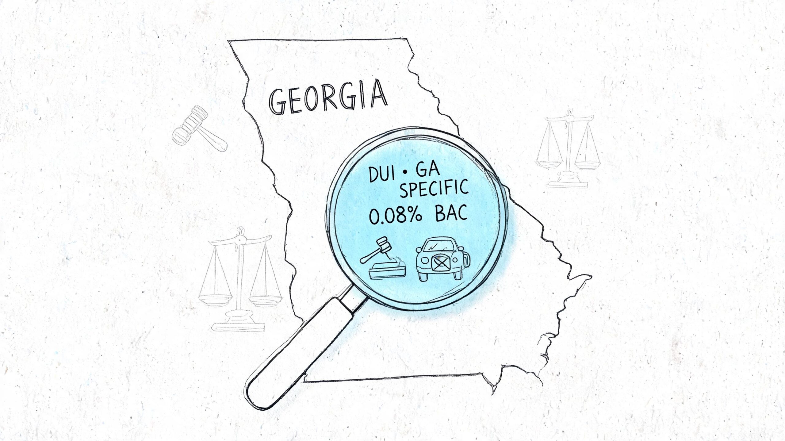 A magnifying glass focusing on Georgia DUI laws with a 0.08% BAC limit and legal symbols.