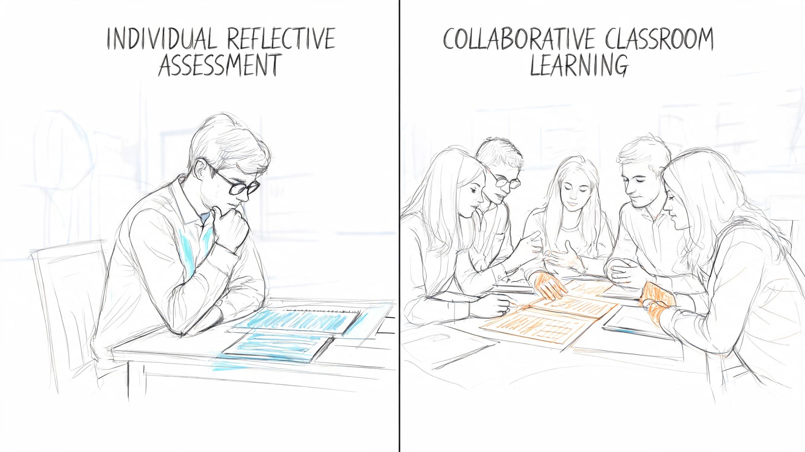 A split illustration comparing an individual reflective assessment scene with a collaborative classroom learning group session.