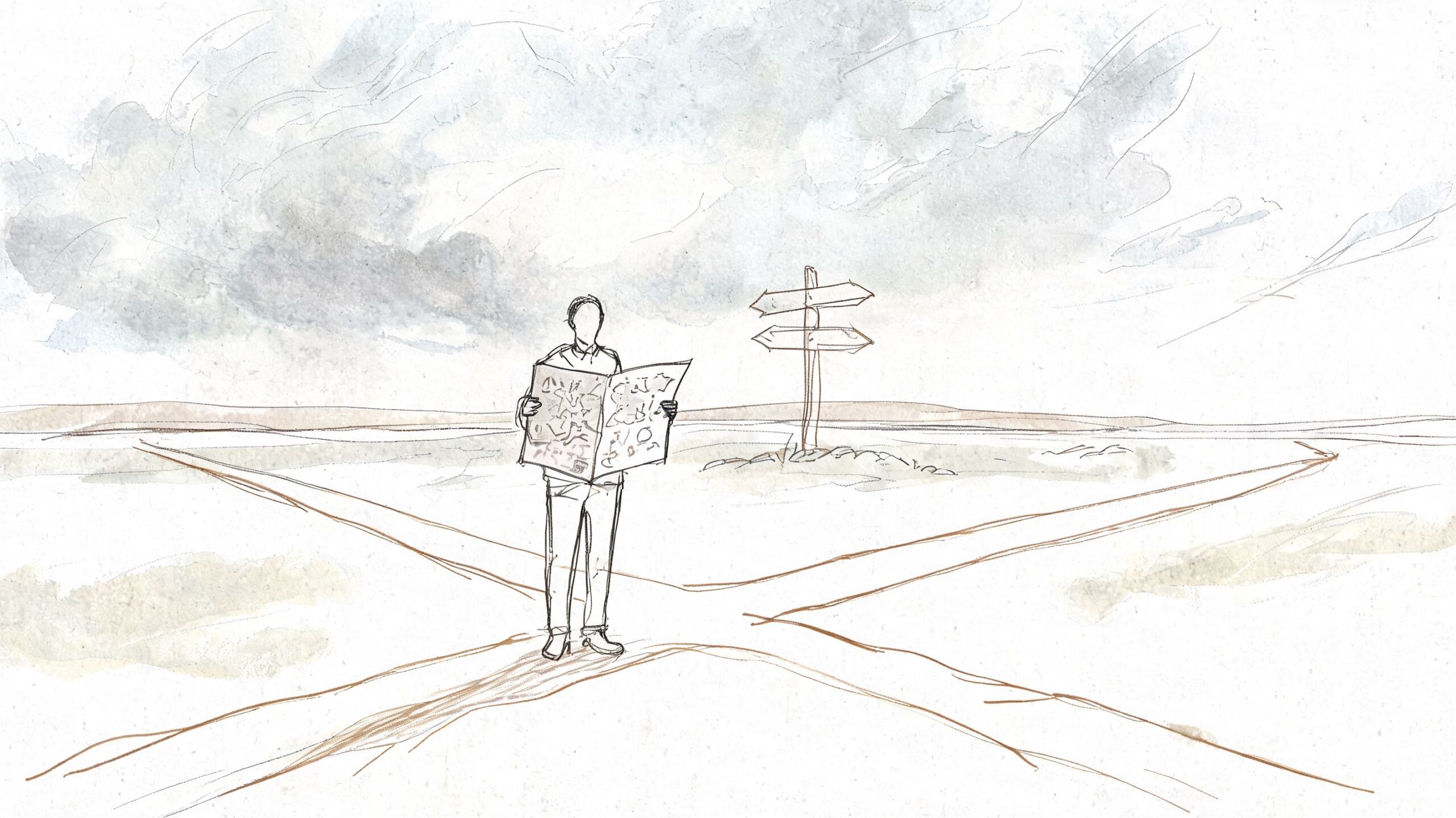 A person standing at a crossroads in an open field, holding a map while looking at signs.