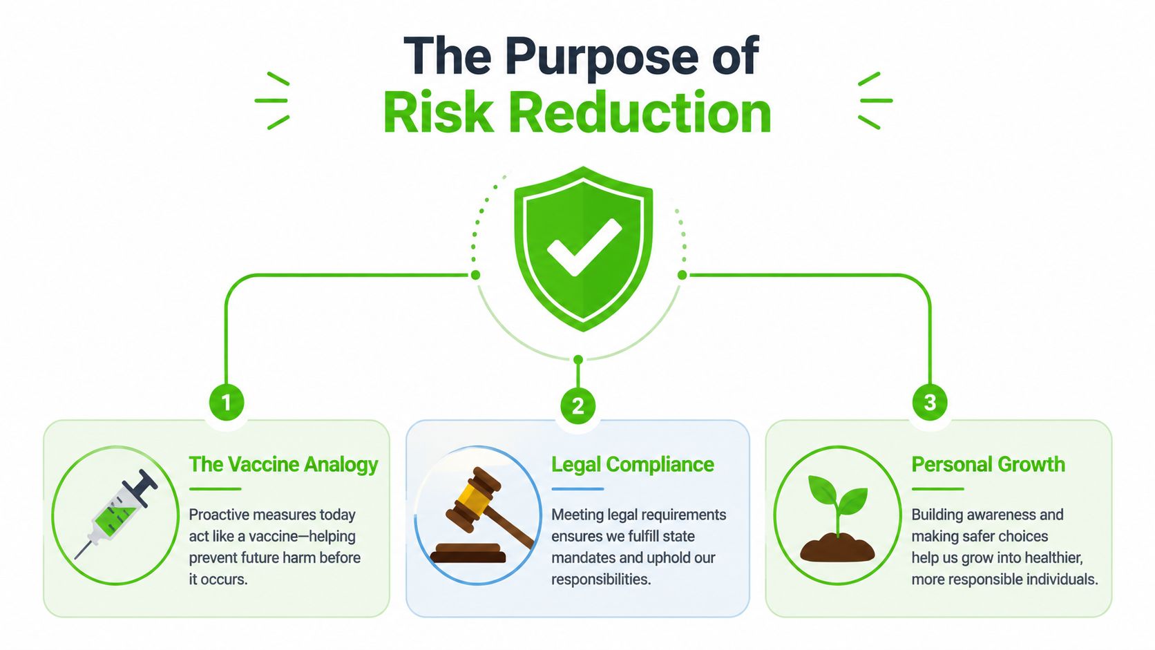 An infographic titled The Purpose of Risk Reduction, outlining three key areas: vaccine analogy, legal compliance, and personal growth.