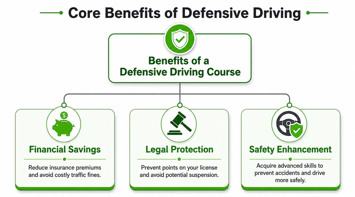 An infographic illustrating the core financial, legal, and safety benefits of taking a defensive driving course.