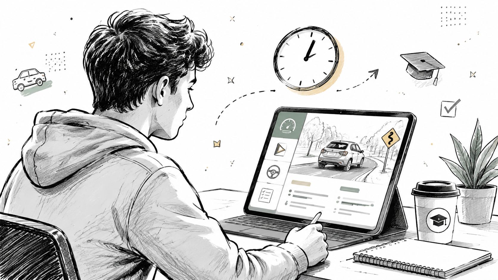 A student using a tablet to participate in an online defensive driving course to learn safe driving skills.