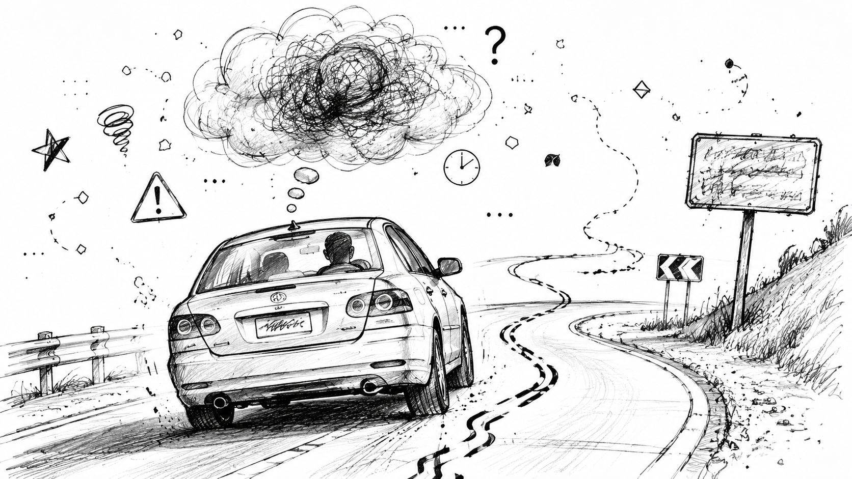 A black and white drawing showing a confused driver experiencing mental clutter while driving on a road.
