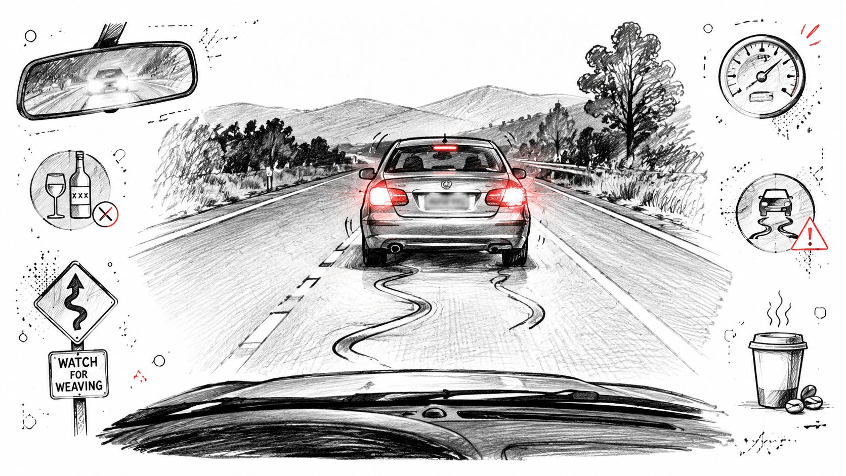 A pencil sketch from a driver's perspective showing a swerving car and icons warning against drunk driving.