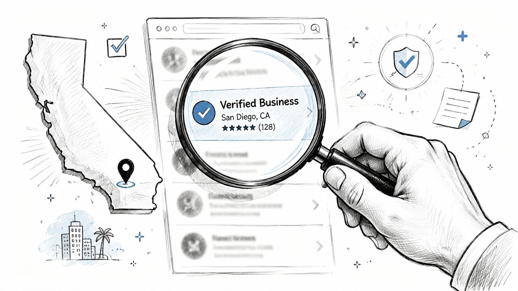 A hand holds a magnifying glass over a verified business listing for San Diego, California on a digital screen.