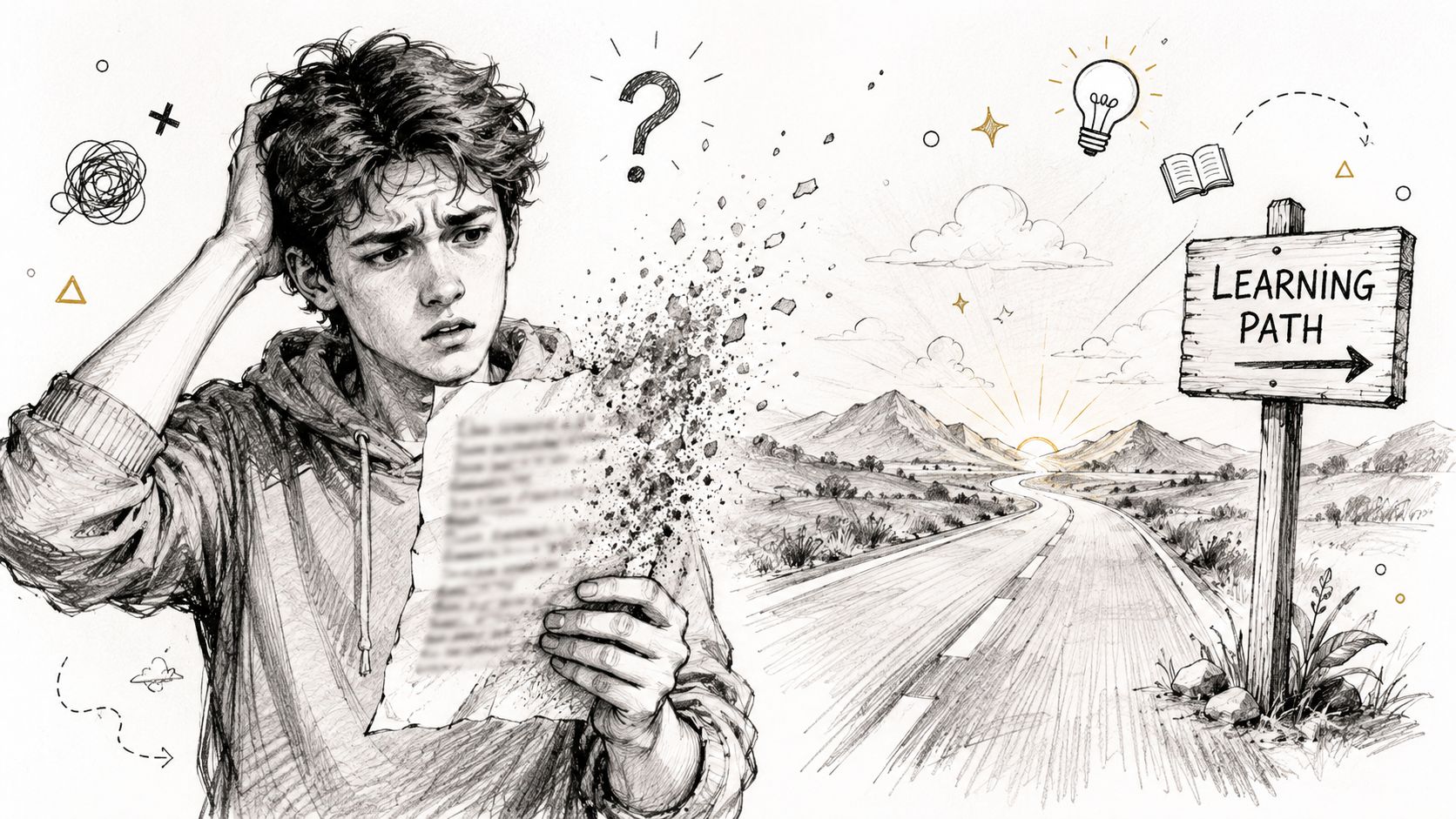 A confused young man holding a disintegrating paper while looking at a sign pointing toward a learning path.