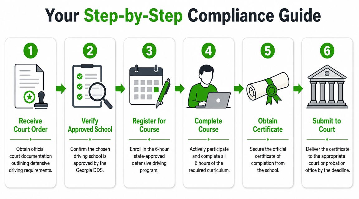 A step-by-step compliance guide illustrating six stages for completing a court-ordered defensive driving course successfully.
