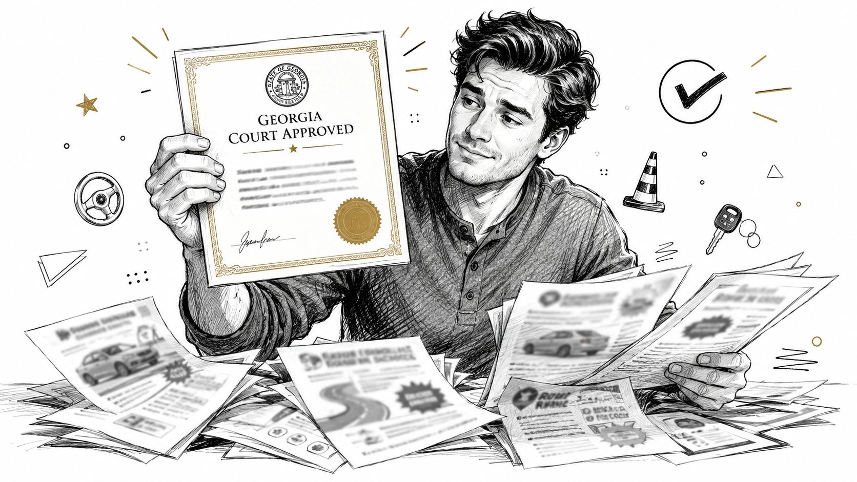 A man proudly displaying a Georgia court approved defensive driving course certificate amidst stacks of paperwork.