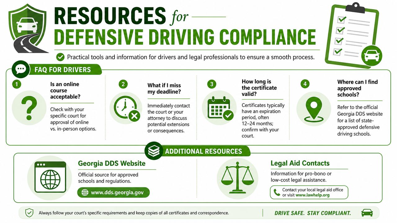 An infographic titled Resources for Defensive Driving Compliance outlining frequently asked questions for drivers and additional legal resources.