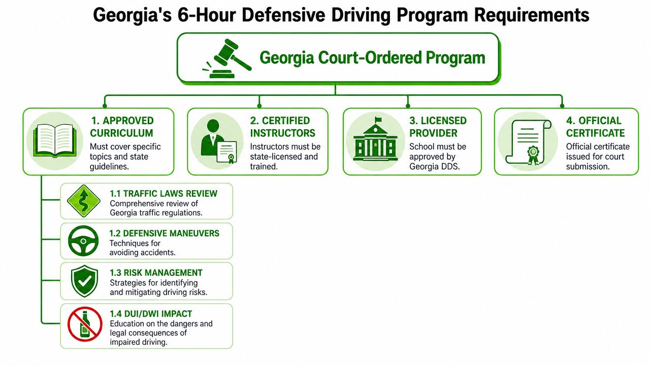 An infographic detailing the four requirements for Georgia's six-hour court-ordered defensive driving program and curriculum components.