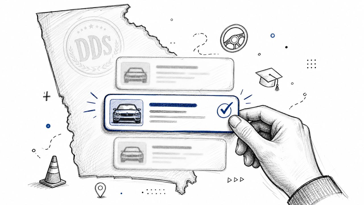 A hand selecting a defensive driving course option on a map of Georgia for insurance discounts.
