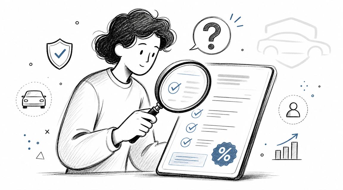 A person looking at a checklist on a digital tablet with a magnifying glass, surrounded by insurance icons.