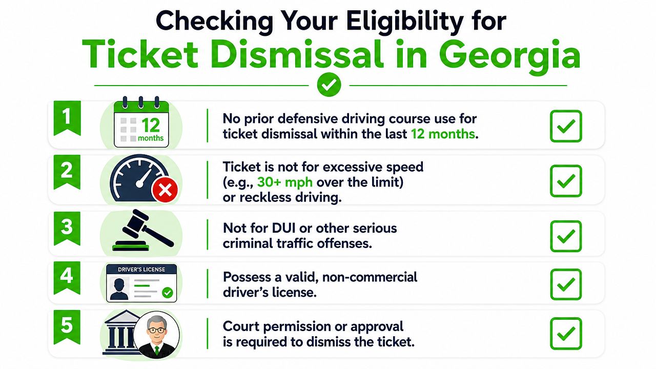 A checklist infographic outlining five key eligibility requirements for getting a traffic ticket dismissed in Georgia.