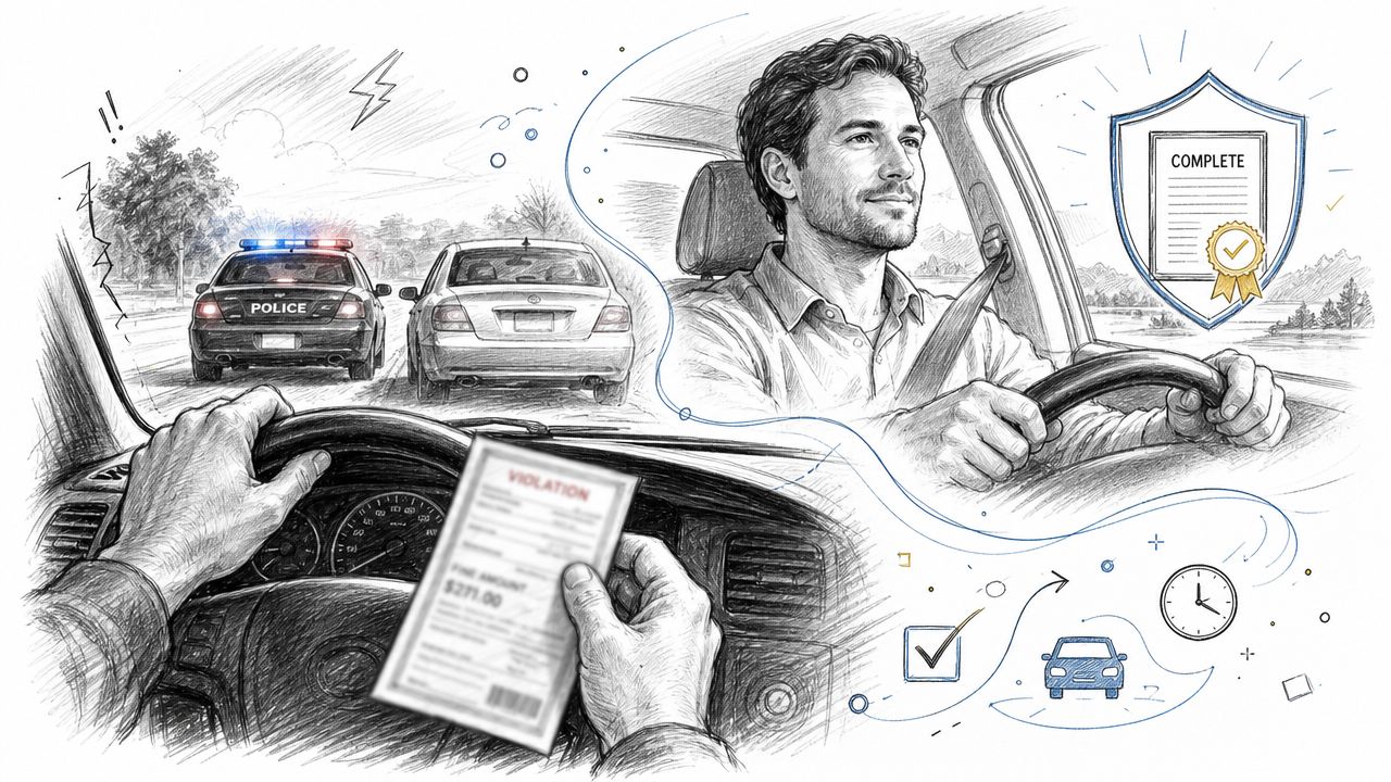 A pencil sketch illustrating a driver holding a traffic ticket with a happy driver completing a driving course.