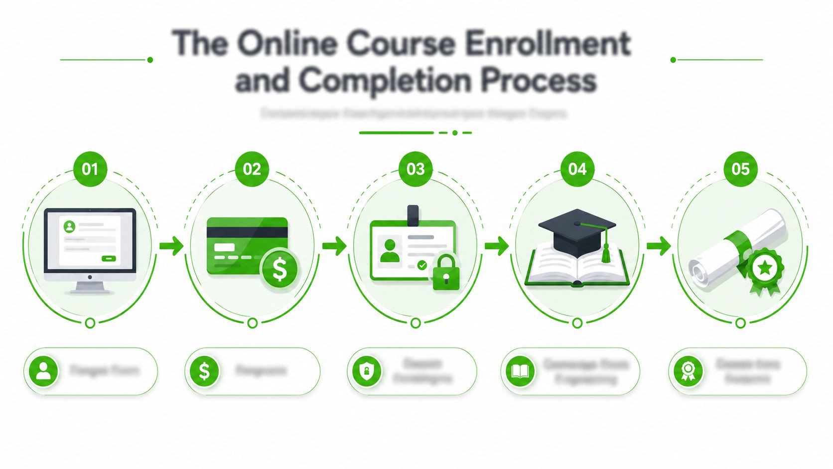A five-step infographic showing the online course enrollment and completion process, from registration to receiving a certificate.