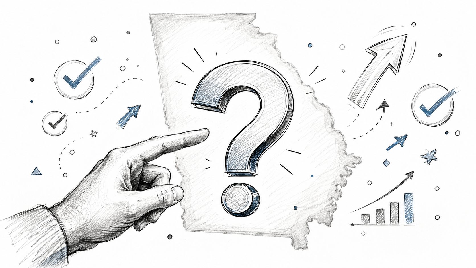 A hand pointing at a question mark superimposed over a sketch of the Georgia state map.