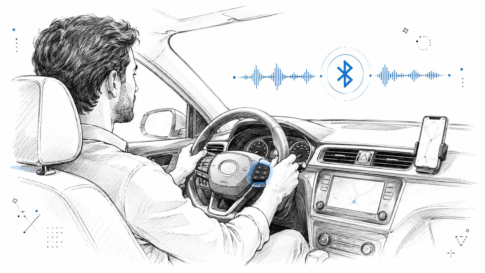 A driver uses a Bluetooth-connected car system to focus on the road safely while driving their vehicle.