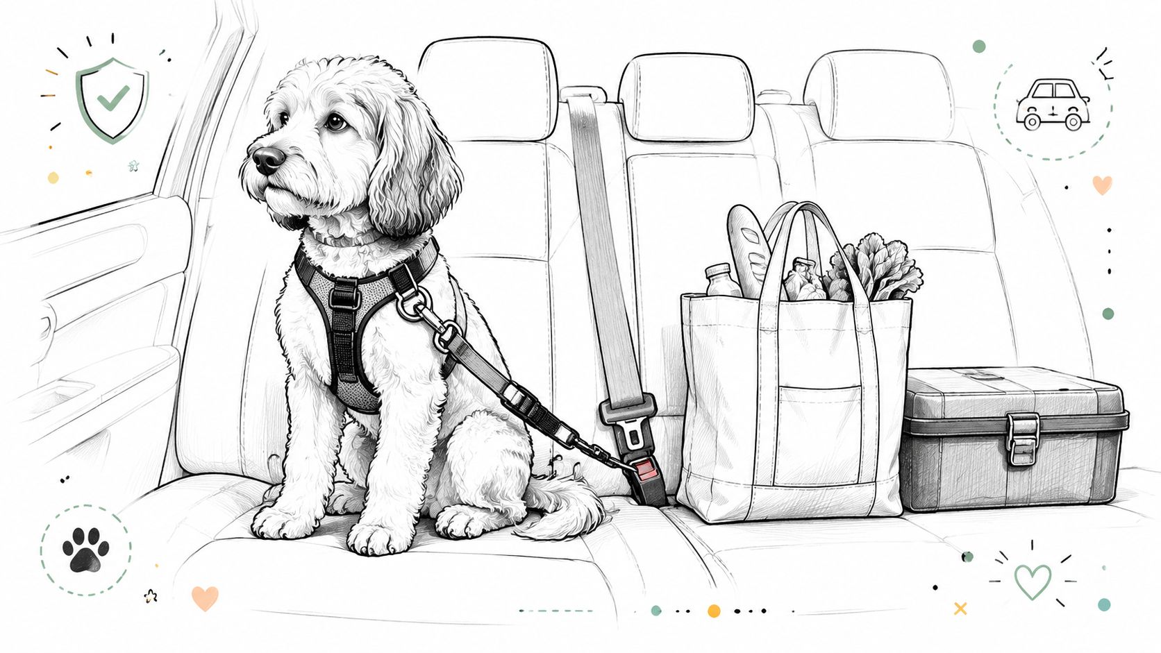 A cute dog wearing a harness securely fastened to a car seatbelt next to a grocery bag.