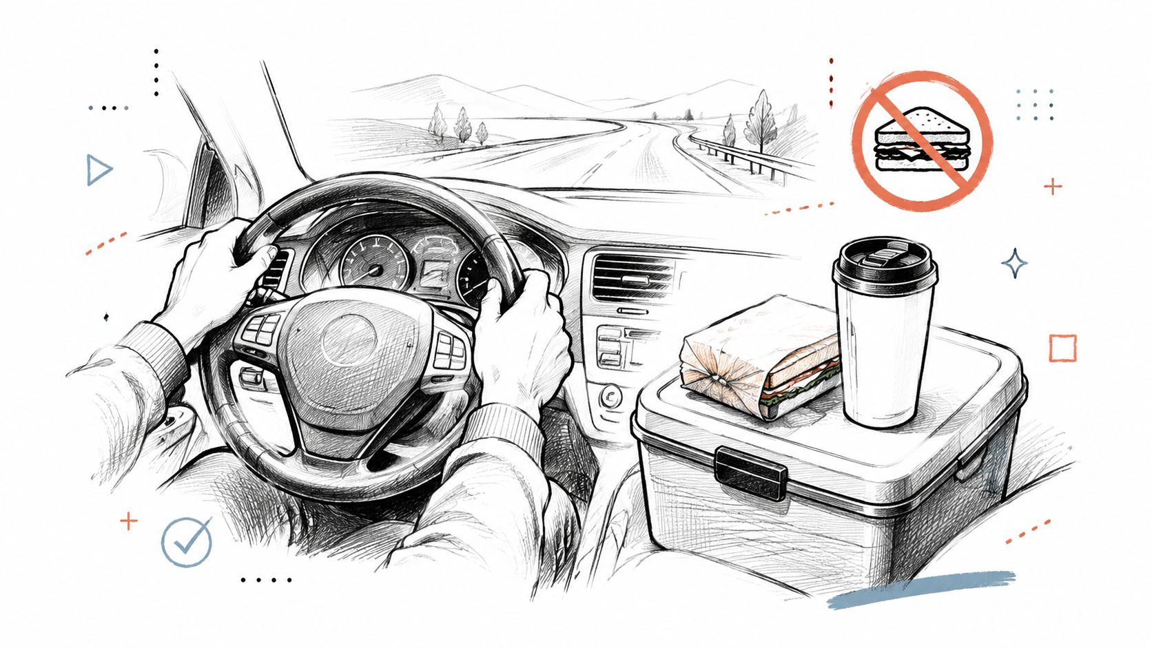 A pencil sketch of a driver behind the steering wheel with a prohibited sandwich symbol above.