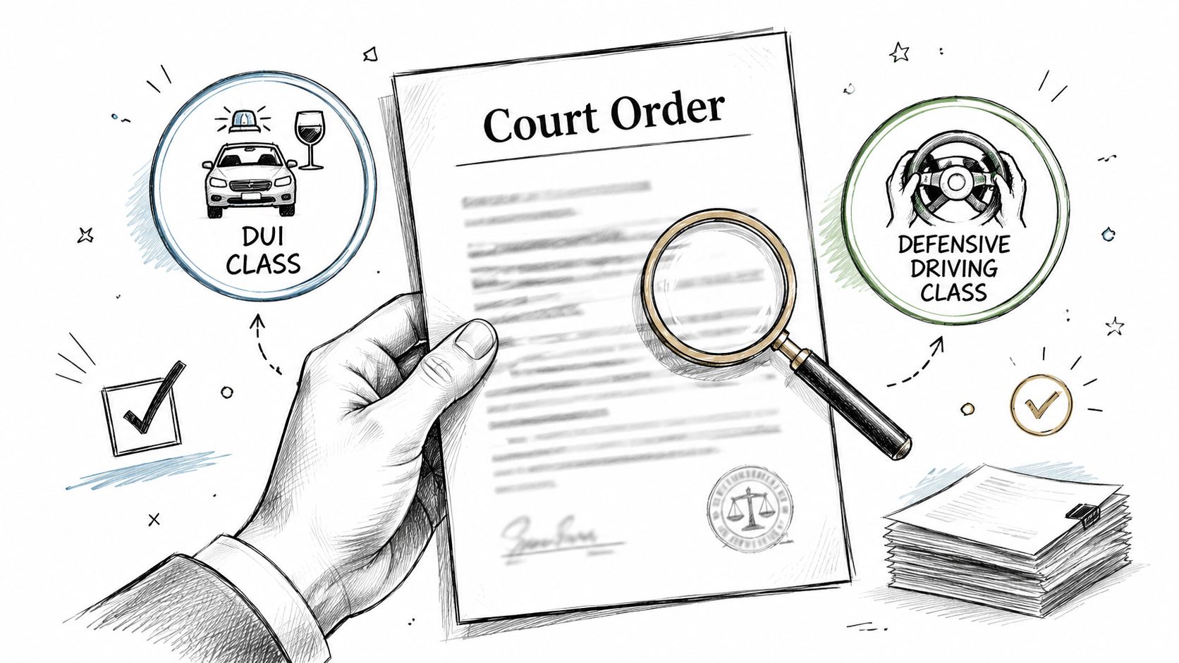 A hand holding a court order document with icons for DUI and defensive driving classes, illustrated sketch style.