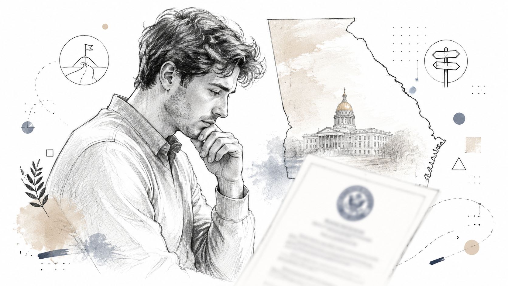 A thoughtful young man looking at a legal document with a map of Georgia and state capitol in background.