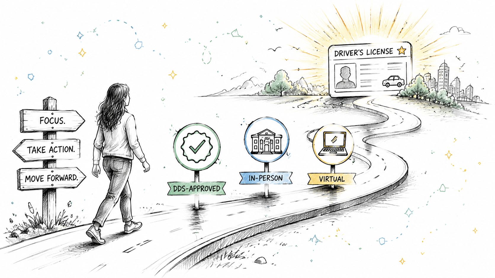 A girl walking on a path toward a driver's license, representing steps for driver education success.