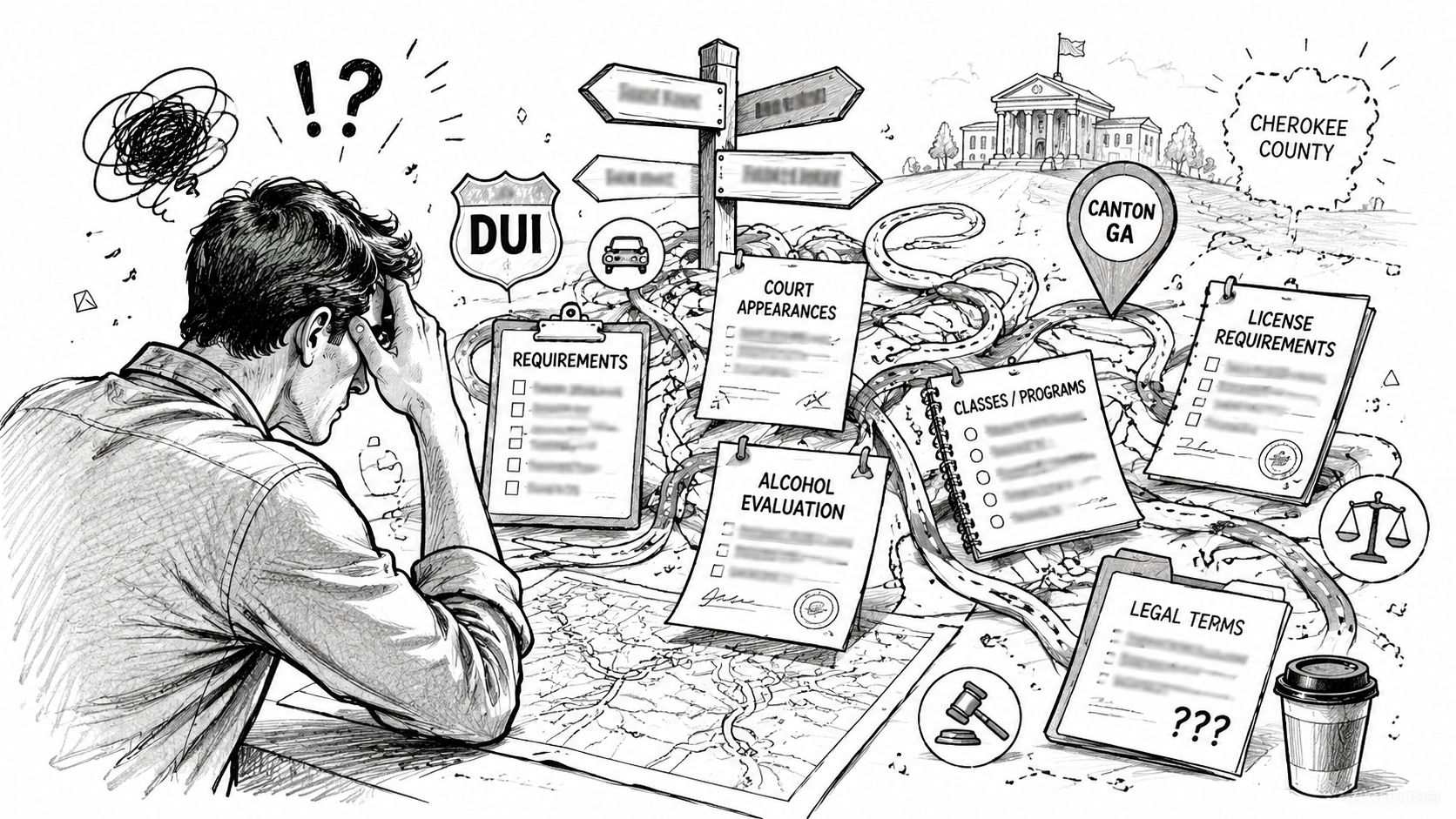 A distressed person sitting at a desk planning the complex legal steps following a DUI in Canton, Georgia.