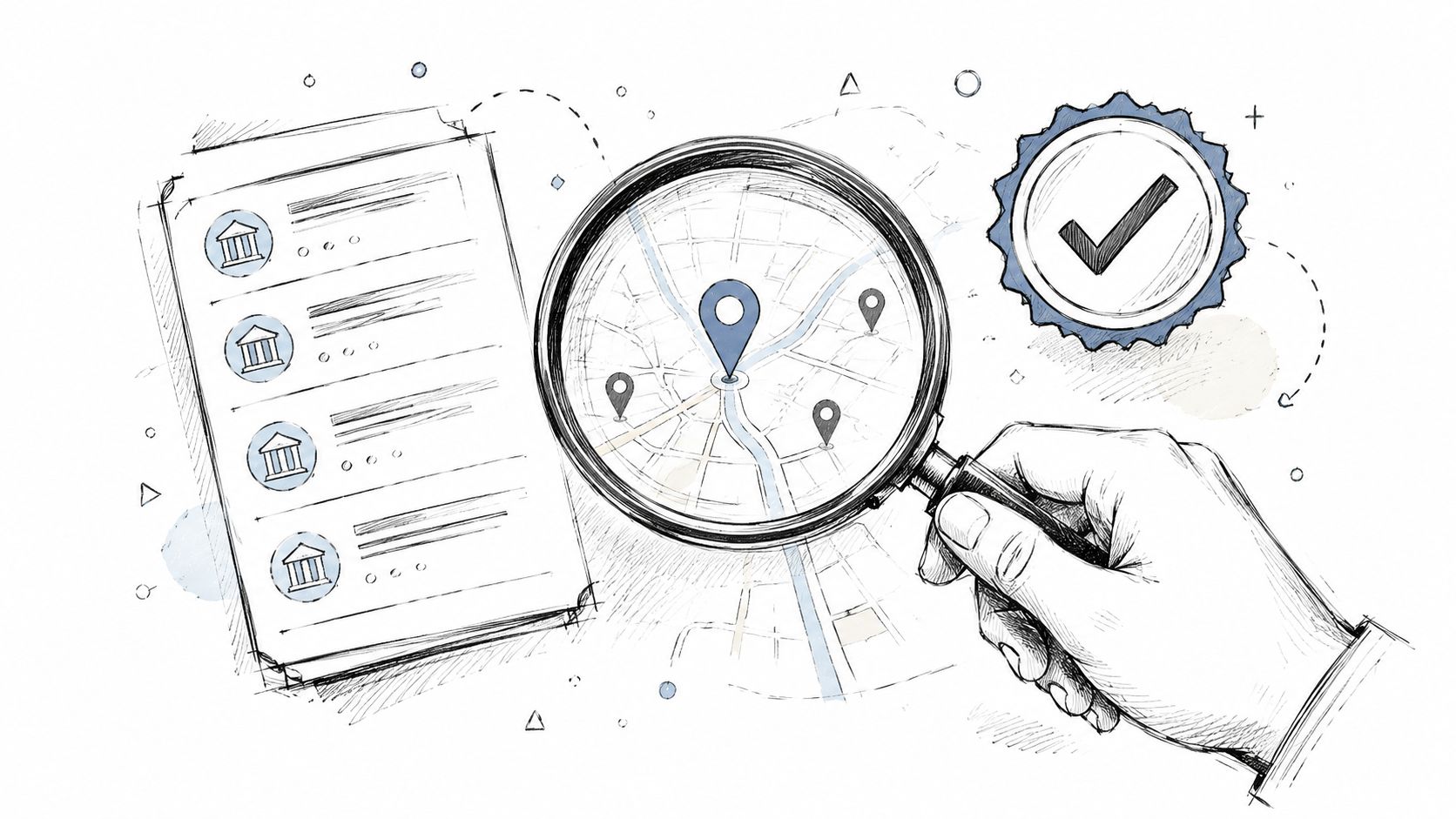 A hand holding a magnifying glass over a map with location pins next to a list