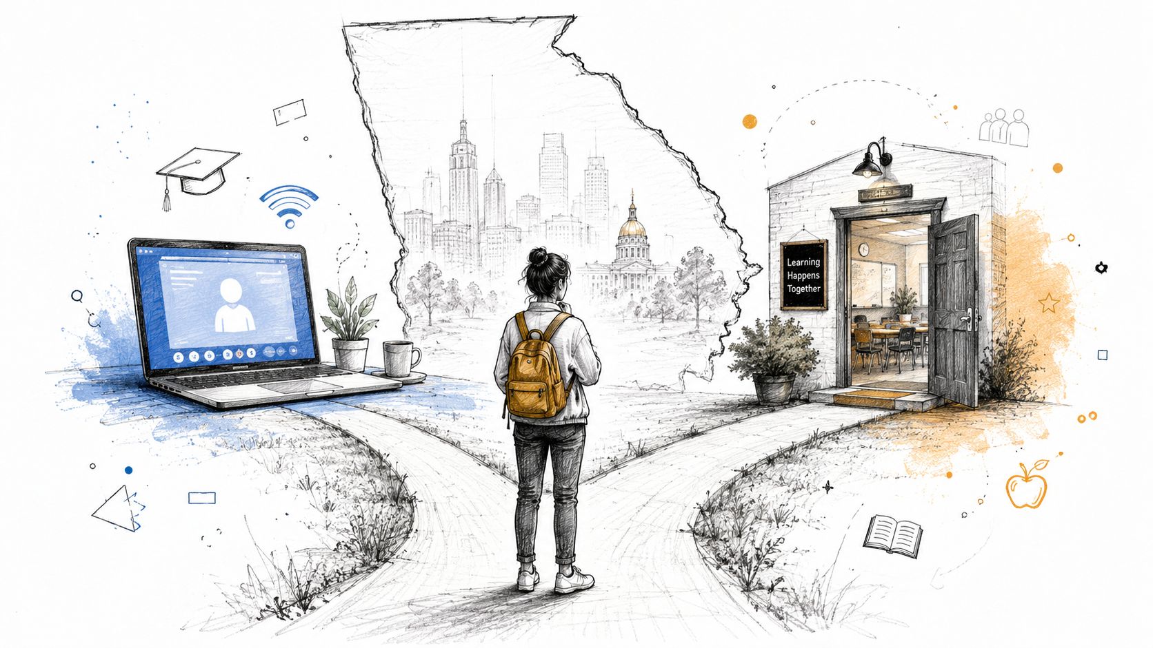 A student standing at a crossroads between online virtual learning on a laptop and physical classroom instruction.