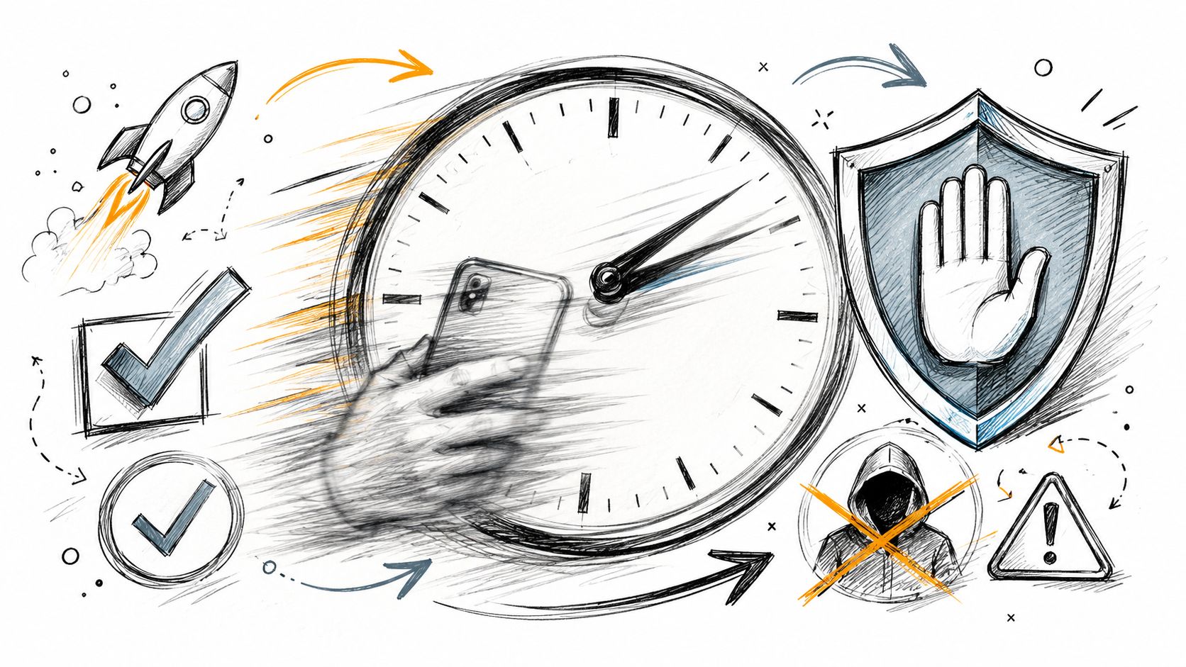 A conceptual sketch illustrating cybersecurity, speed, and protection with a clock, phone, shield, and hacker icon.