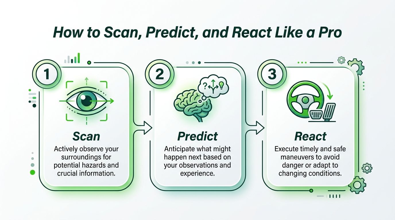 A three-step infographic showing how to scan, predict, and react to improve driving safety skills.