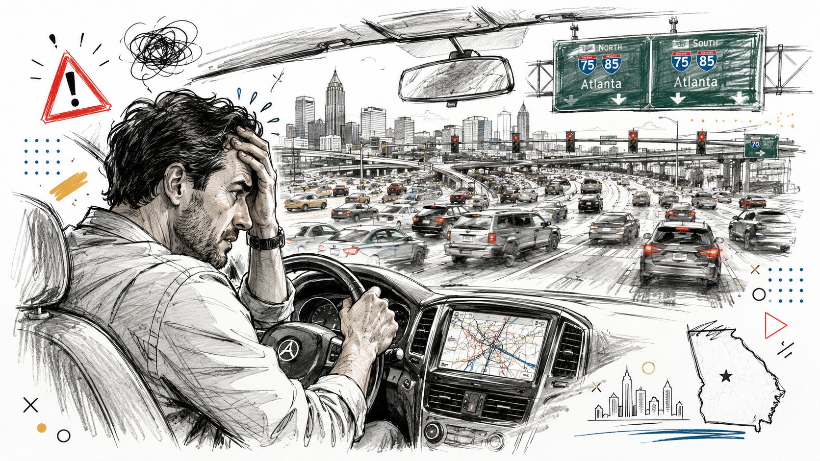 A stressed driver sitting in a car stuck in heavy traffic on an Atlanta highway intersection.
