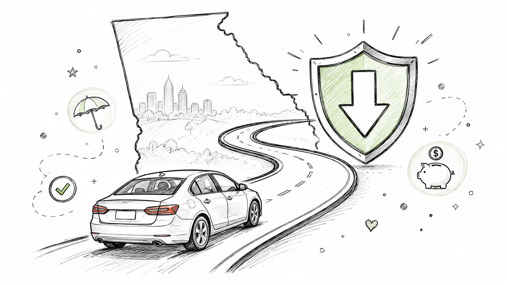 A line drawing illustration showing a car driving on a road toward a shield icon representing insurance savings.