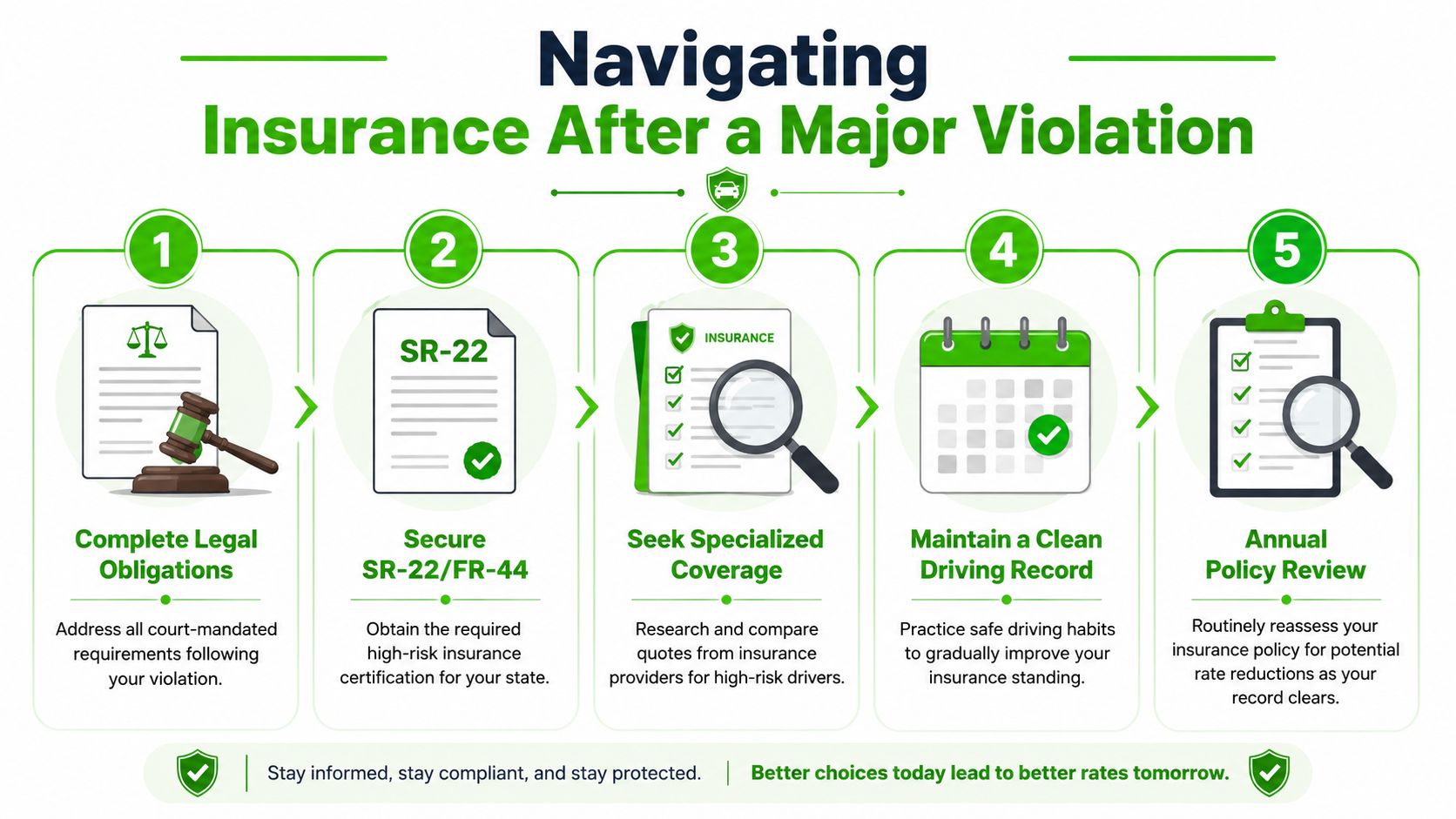 An infographic showing five steps for navigating car insurance requirements after a major driving violation or incident.