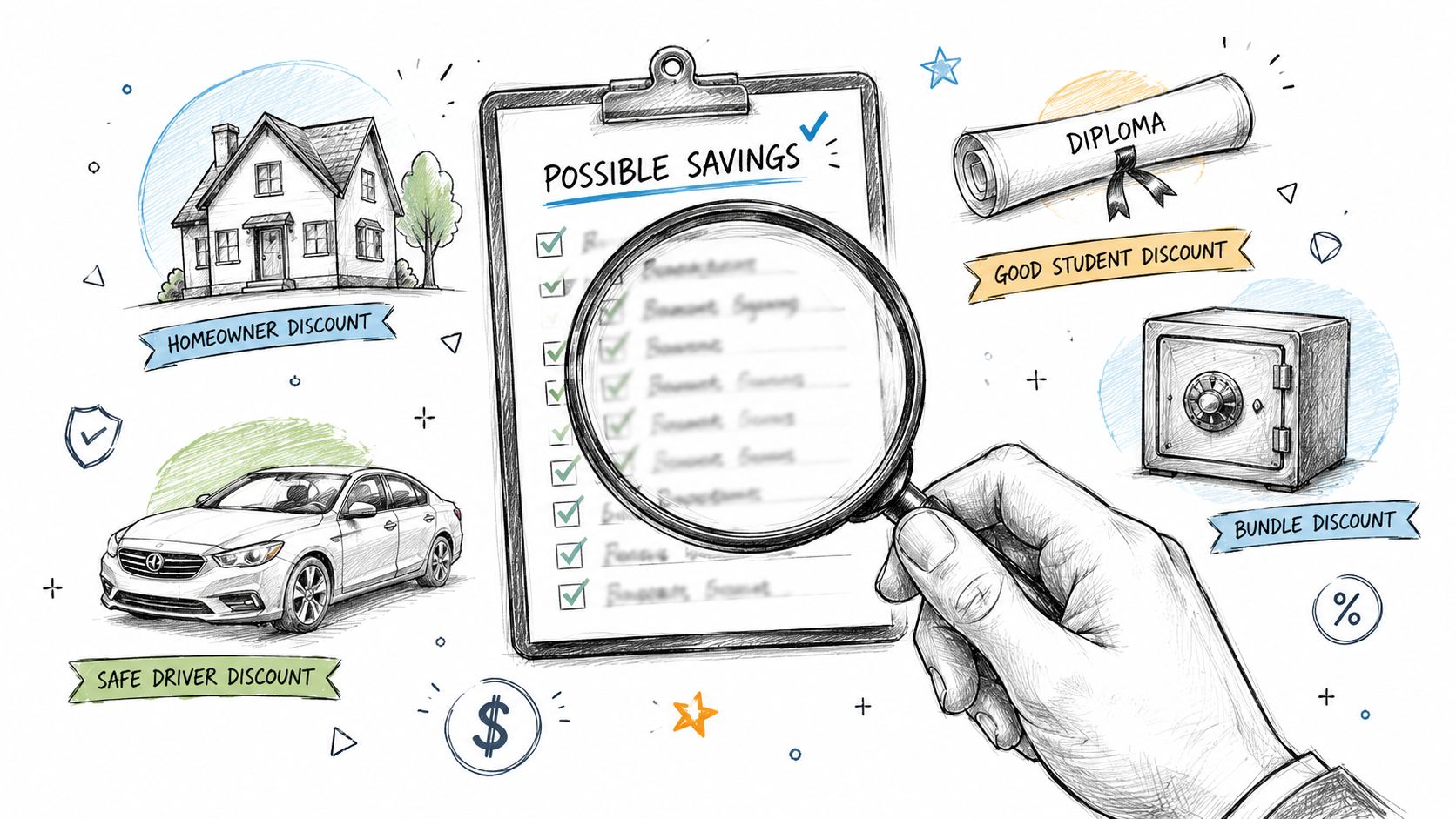 A hand holding a magnifying glass over a checklist titled Possible Savings with various insurance discount icons.