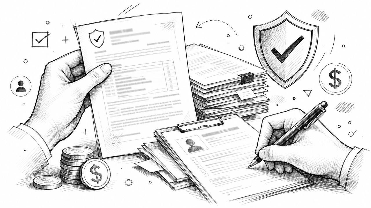 A hand holding a document with a stack of papers and a person signing a form nearby.