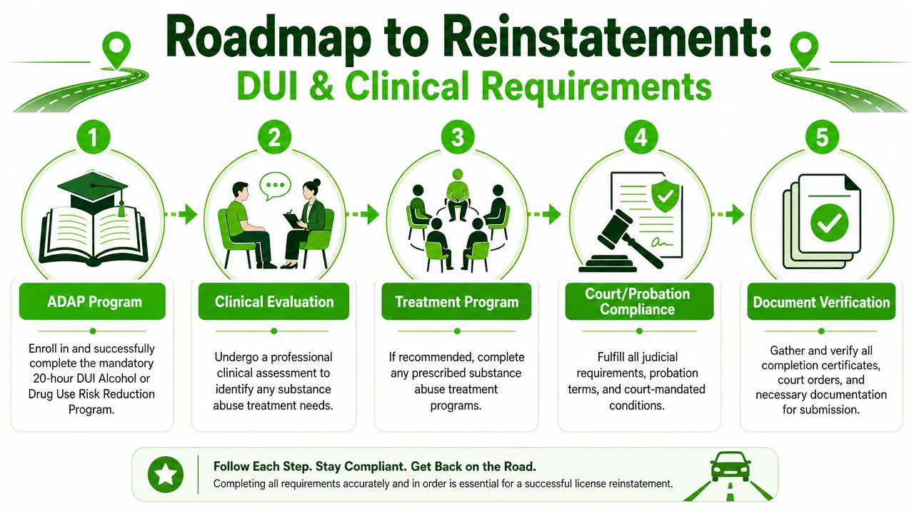 A five-step roadmap infographic outlining the clinical requirements and procedures for reinstating a driver's license after a DUI.