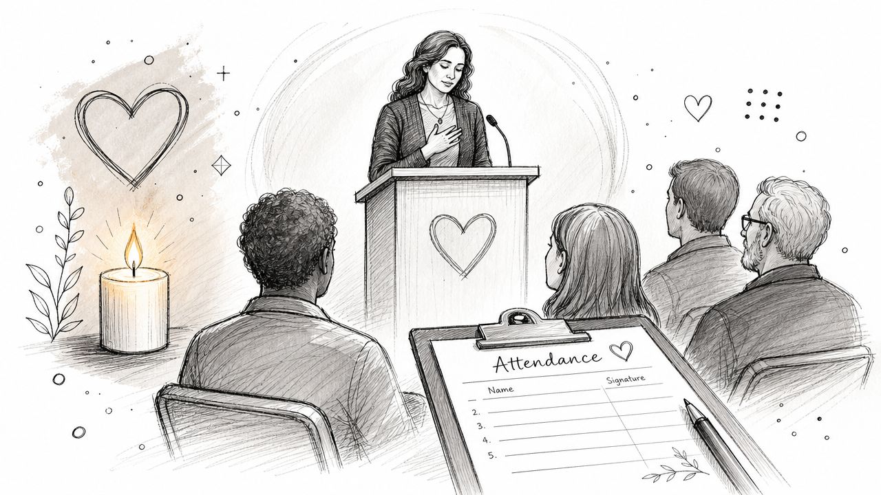 A sketched illustration of a woman speaking at a podium before an audience with an attendance sheet.