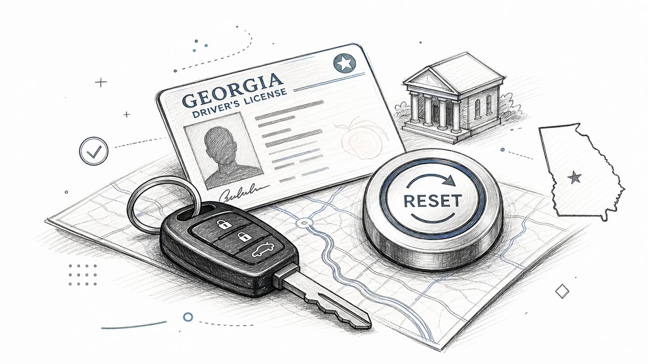 A pencil sketch of a Georgia driver's license, car keys, a reset button, and a state map outline.