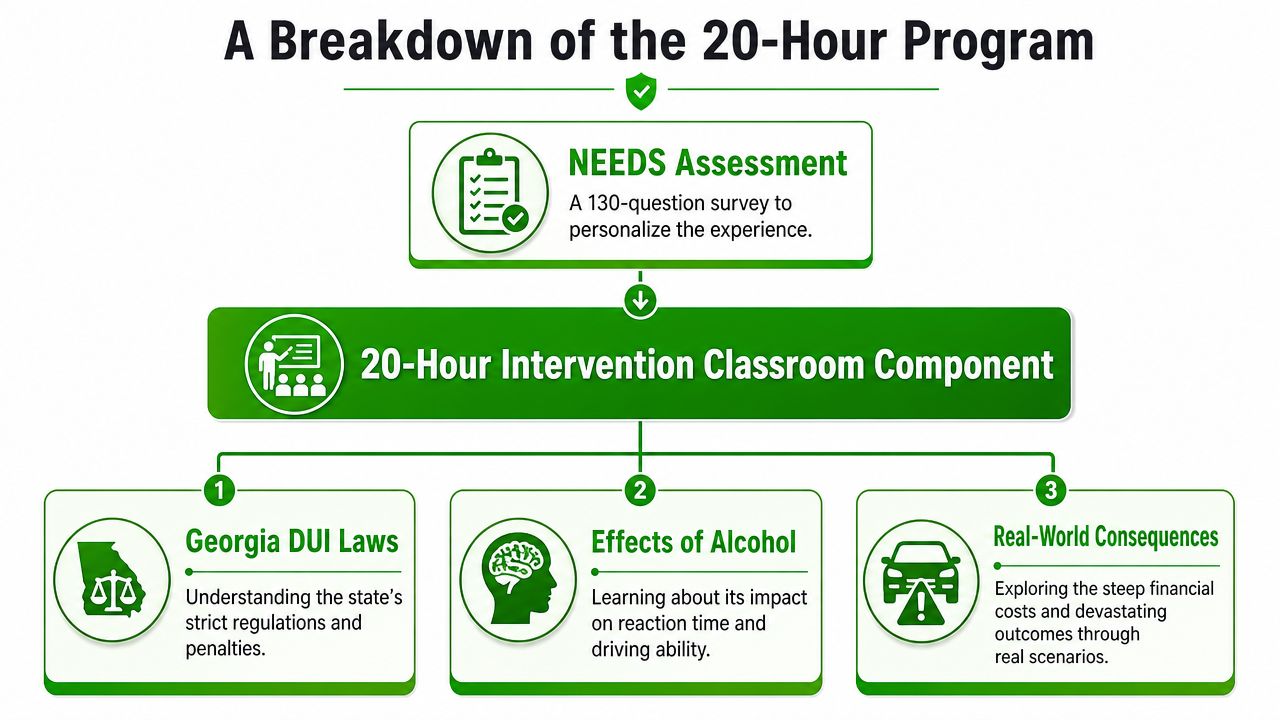 A flowchart explaining the 20-hour Georgia DUI intervention program including needs assessment and classroom curriculum topics.