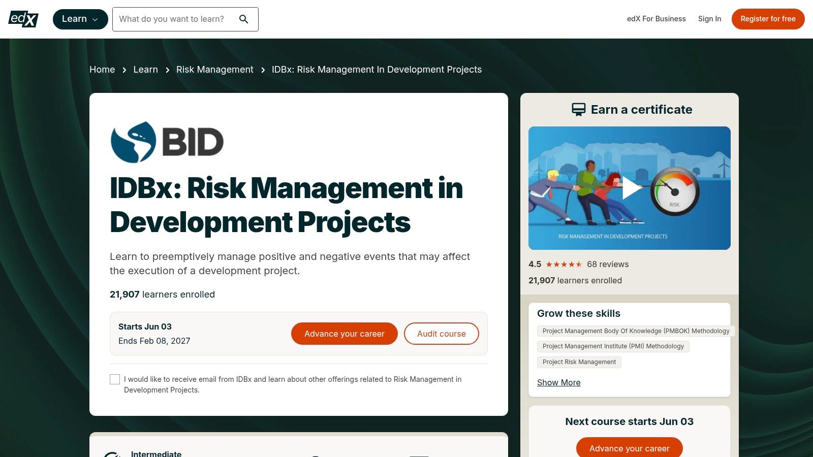 edX – Inter‑American Development Bank: Risk Management in Development Projects (audit option)