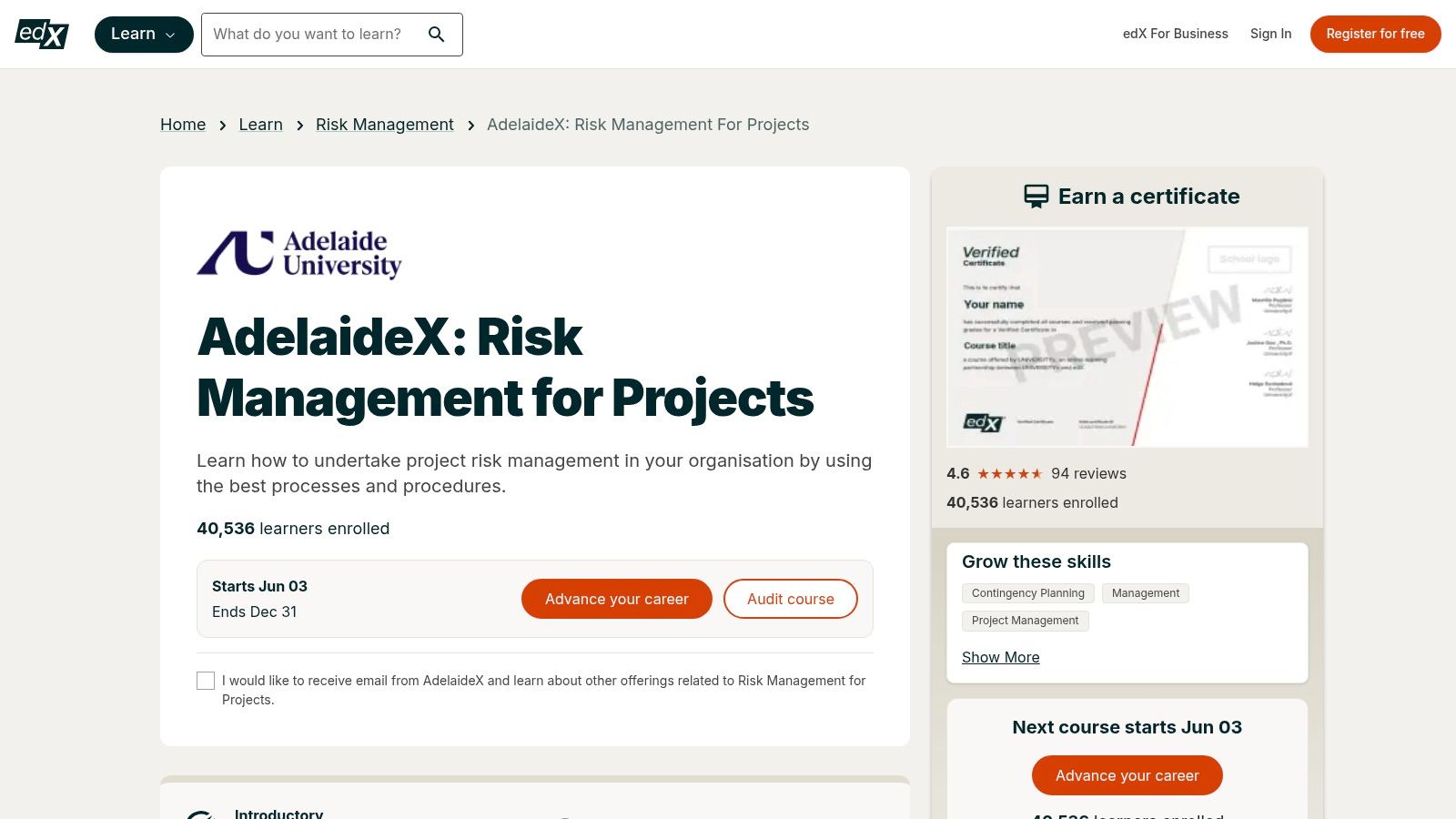 edX – University of Adelaide: Risk Management for Projects (audit option)