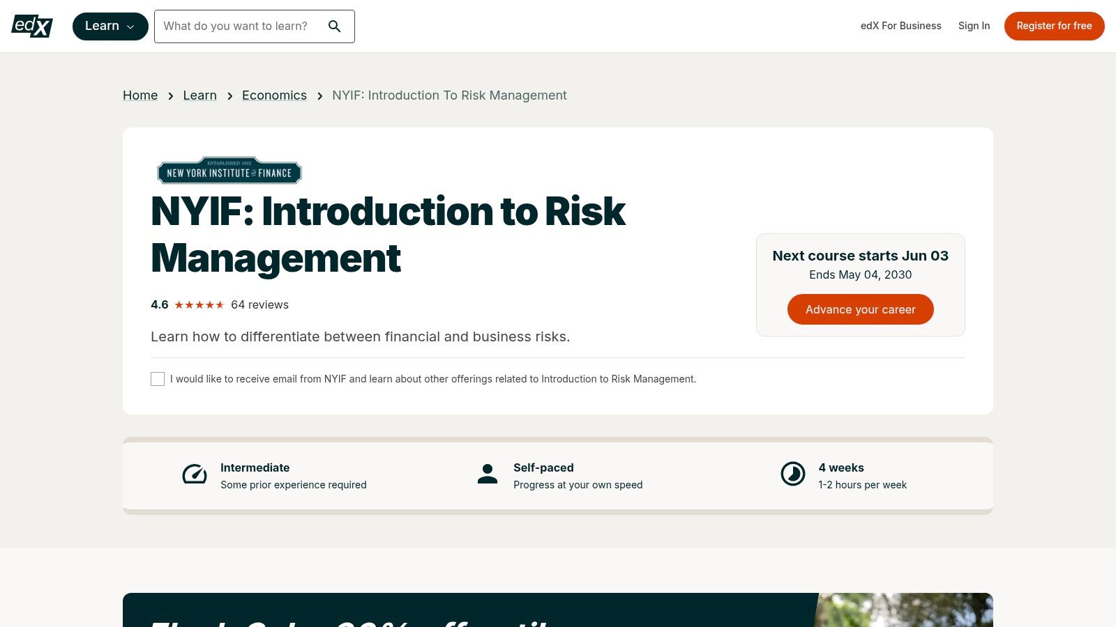 edX – New York Institute of Finance: Introduction to Risk Management (audit option)