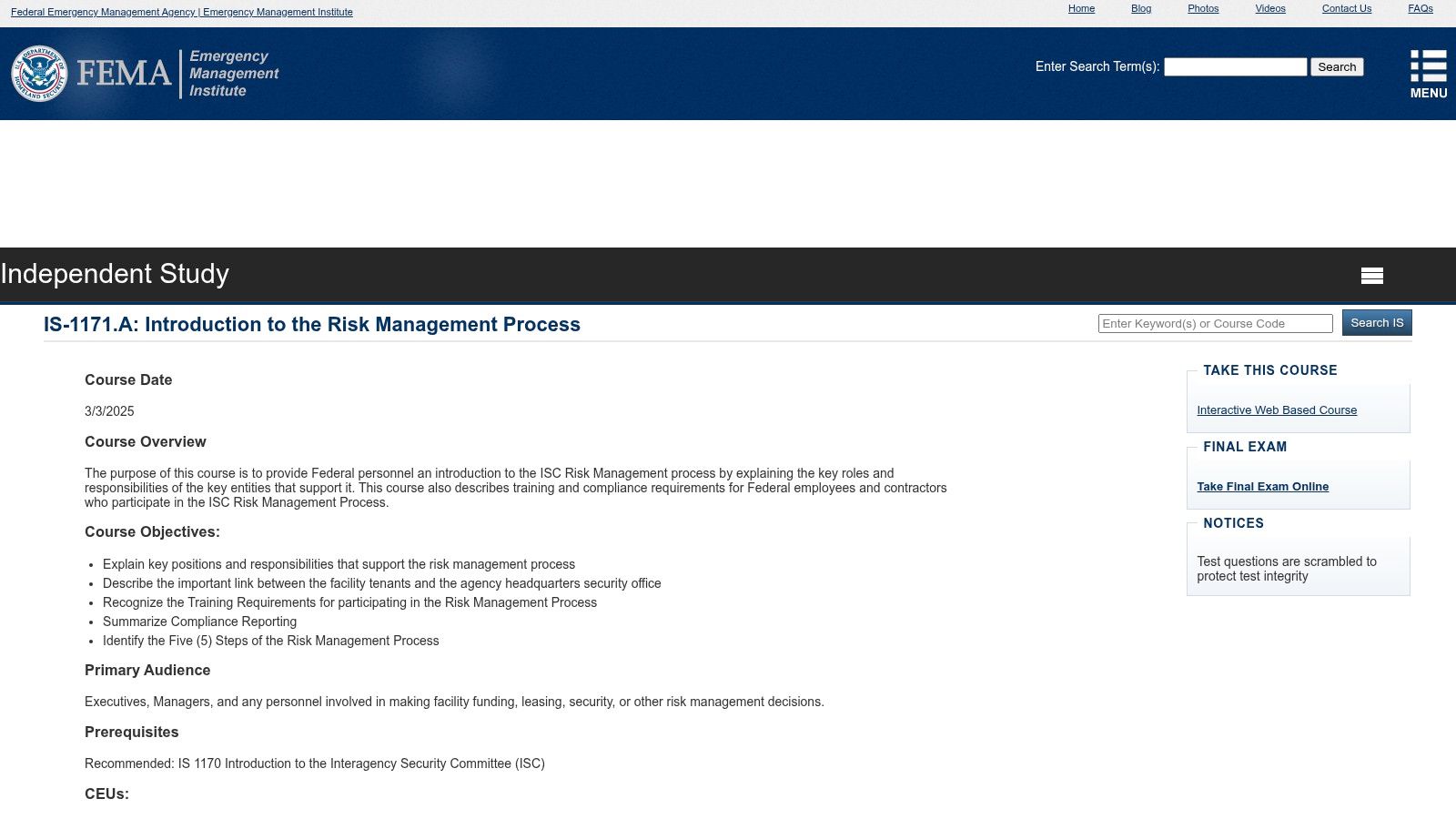 FEMA Emergency Management Institute – IS-1171.a Introduction to the Risk Management Process