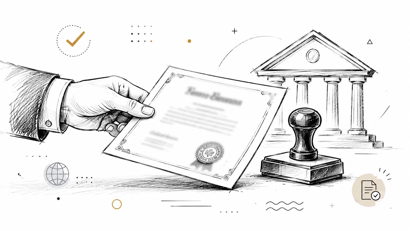 A hand holding a certificate next to a rubber stamp and a government building sketch illustration.