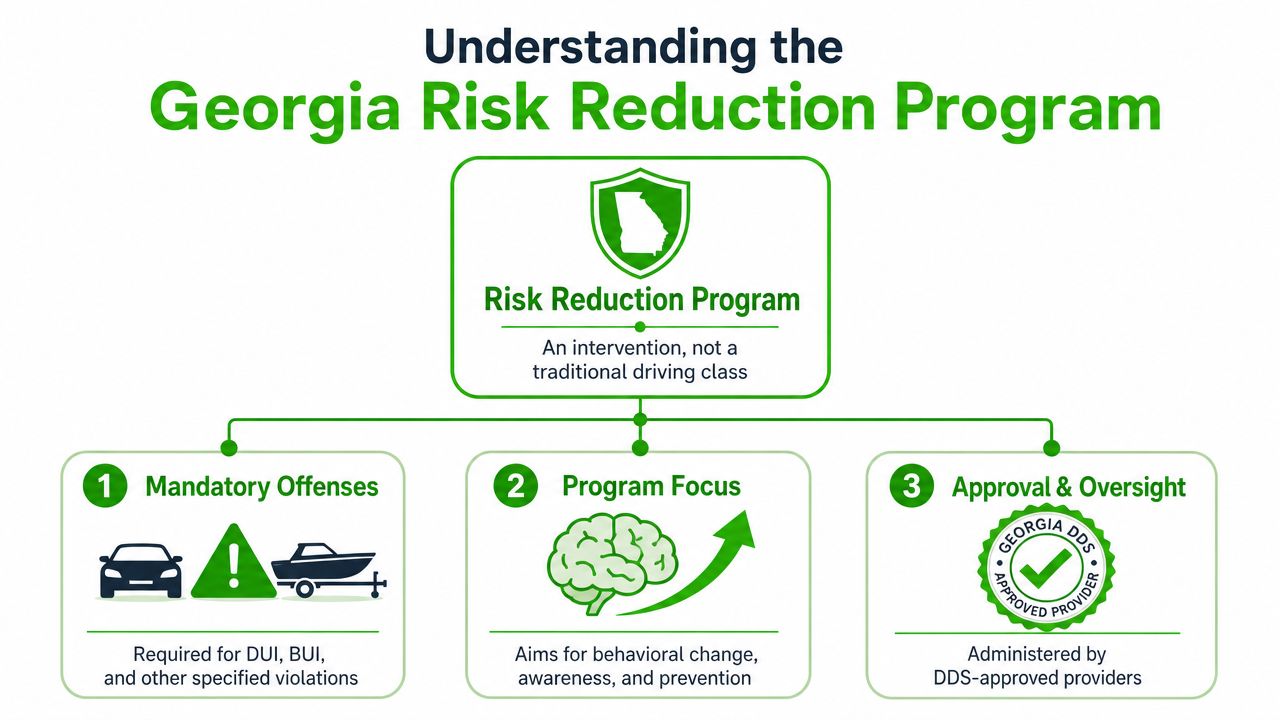 An infographic titled Understanding the Georgia Risk Reduction Program, outlining mandatory offenses, focus, and oversight.