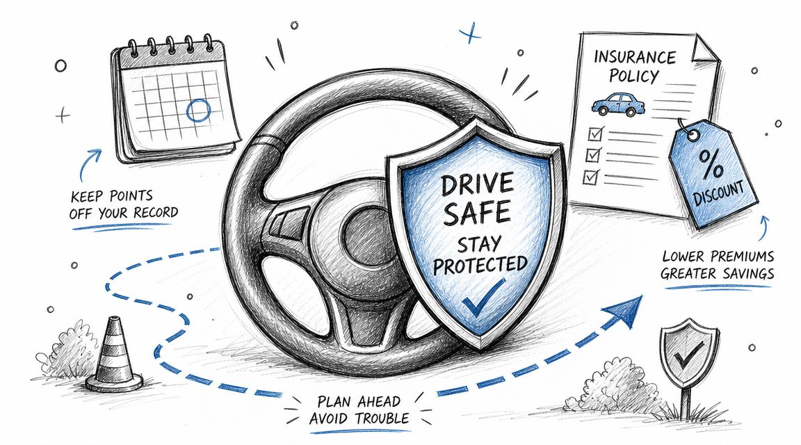 A hand-drawn illustration depicting steering wheel, shield, and insurance documents to represent safe driving and risk reduction.